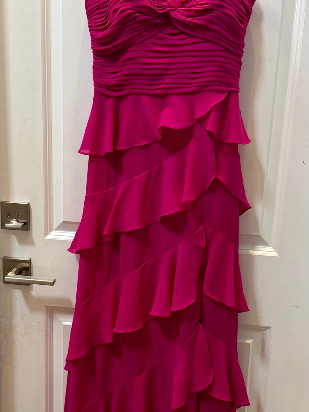 Aqua Strapless Ruffle Gown in Fuchsia